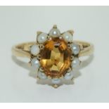 Vintage citrine and pearl 9ct gold ring. Size P 1/2. 3.7 grams.