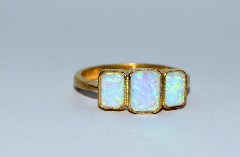 Gold on silver opaline square 3 stone ring. Size O.