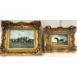 Pair ornate gilt frame horse racing pictures oil on porcelain ,40x30 cm 30x25cm