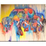 Modern abstract art depicting elephants signed bottom left hand corner 100 x 130cm