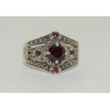 Antique Gothic inspired Garnet silver marcasite ring, Size O 1/2.