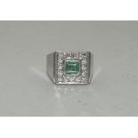 Platinum Art Deco Emerald Diamond ring. Size N.