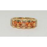 9ct gold ladies amber quarts and diamond chip ring size M 3g