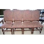 Four bobbin turned high back dining chairs with full material covering to seat and back 110x45x45cm