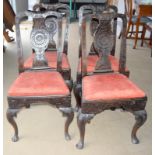 Set 4 oak dark stained carved high back dining chairs in the Scottish style with drop in upholstered