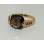 9ct gold ladies smokey quarts and garnet ring size M