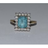 9ct gold ladies diamond and aquamarine square set ring size Q