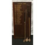 Golf club memorabilia the Captains Prize board and hickory stick golf clubs.