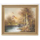 Framed oil on board painting of pheasants over a river signed "Ferdinand".