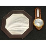 Oak octagonal bevelled edge Mirror together with an mahogany frame barometer