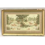 Gilt framed tapestry depicting a couple enjoying a summer boating on a river 80x50cm