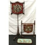 Victorian tapestry pole screen on mahogany tripod support together barley twist tapestry fire screen