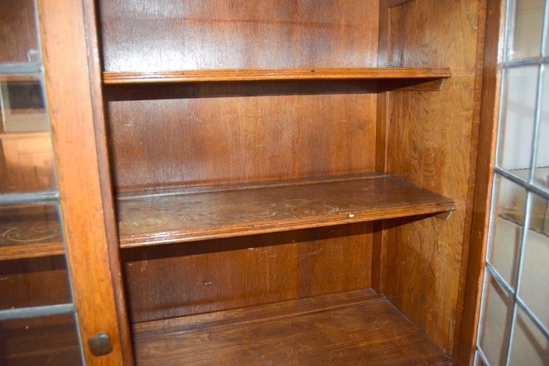 Oak leaded glass adjustable shelf bookcase on stub legs 150x130x45cm - Image 2 of 5