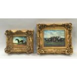 Pair of ornate gilt Framed pictures based on on porcelain panels marked Vienna showing vintage horse