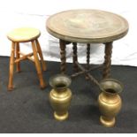 Brass engraved top collapsible barly twist leg table ,pair engraved brass vases and a wooden stool