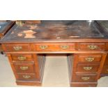 Mahogany twin pedestal desk with leather top, with brass handles 75x120x55cm