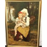 Large gilt framed oil on canvas of a mediaeval Mother and Child showing some some damage 165x110cm