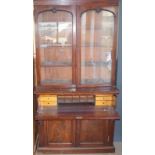 Mahogany Secretare cupboard glassed top bookcase with fitted slide out interior, 2 glassed doors