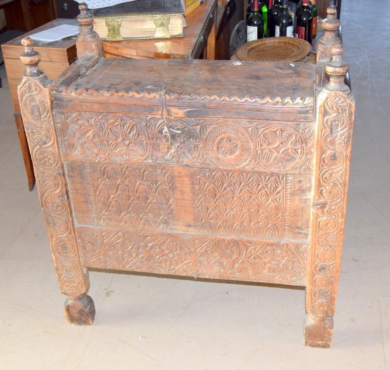 Ornately carved silver or travelling trunk of possible middle eastern origin 90x80x45cm