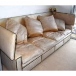 Knowle leather sofa with drop down sides and cushion supports ,260x100x90cm closed