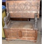 Faded oak carved monks bench with lift seat storage 100x80x40cm