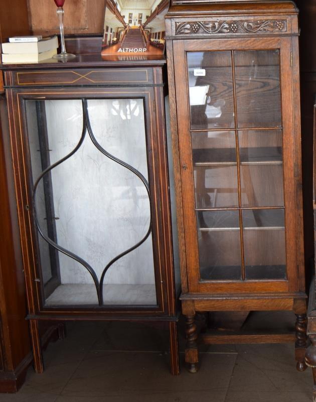 Edwardian mahogany display case of smaller proportion together with another with adjustable shelves.