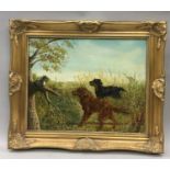 Gilt frame oil on board Setters and the Squirrel signed John Davies 65x55cm