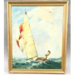 A gilt framed oil on board yachting scene signed Haskins 65x50cm