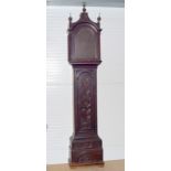 Ornately carved oak long case clock case and mechanism,with full glass hood and brass clock face ,