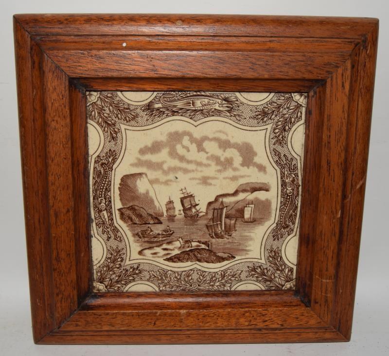 Framed transfer printed tile depicting galleon & coastal scene, together with a framed tile - Image 6 of 14