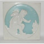 Copeland pale blue & white large relief moulded tile "fire" from the "four elements" c1870s, 8" x 8"