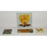 Richards England embossed tile depicting a bird 6" x 6" together with two small tiles depicting