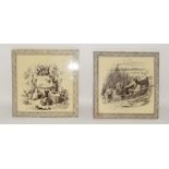 Minton Hollins pair of brown transferware tiles depicting Children 6" x 6" (2)