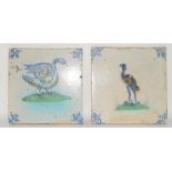 Dutch Delftware Tile depicting birds c1630-40s, plus one other also depicting birds each tile approx