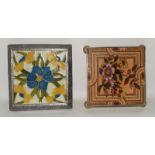 T. A. S. Simpson majolica tile in silvered coloured metal stand / trivet together with a Serwin &