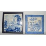 Blue & white framed tile depicting a rural scene c1850-70, possibly by Wedgwood 6.75" x 6.75"