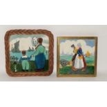 Brass mounted tile / trivet on pad feet depicting a Dutch Scene 6.2" x 6.2" together with one