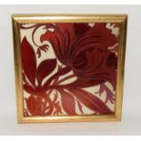 Lewis Day ruby lustre ware tile depicting a stylized flower in gold frame 6.6" x 6.