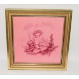 Mintons China Works "Child in Hat" c1877 handpainted in pink & red, framed 7.2" x 7.2".