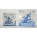 Dutch Delftware blue & white tile depicting a shipwreck scene circa 18th century 5" x 5" together