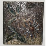 Martin Brothers handmade glazed stoneware tile with carved foliage c1873-1915, 6.1" x 6.1"