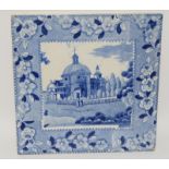 Copeland & Garrett transfer printed blue & white tile with floral border & building 5.1" x 5.1"