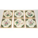 Minton Hollins & Co set of 6 tiles from the Floral Series with yellow border c1870s, 6" x 6" (6).