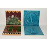 Minton Hollins pair of large turquoise classical tiles Autumnus (repaired) & Hiems c1880s,