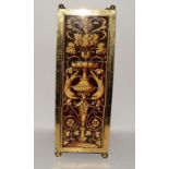 Large brass mounted stick stand with three transfer printed tiles 20" high.