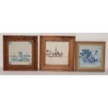 Blue & white Delft Tile with a Dutch design depicting a harbour scene framed 18th century 6.3" x 6.