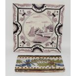 Dutch Delftware manganese glaze tile depicting a coastal scene c1880s 6" x 6", together with a