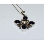 Art nouveau inspired amethyst seed pearl silver pendant