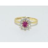 18ct gold ladies diamond and ruby cluster ring size M