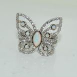 Unusual silver butterfly ring with central opal panel size P